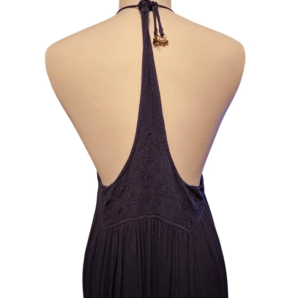 Free People Elaine Maxi Slip Navy Blue‎ Excellent Boho Embroidered T-Back Halter